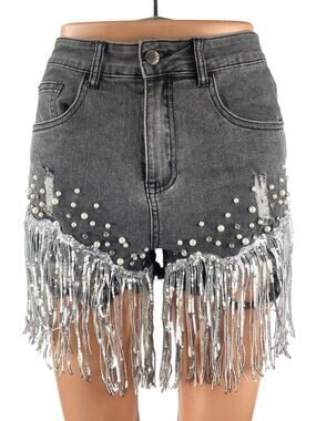 Women's Gray Distressed Pearl Rhinestone Sequin Fringe Frayed Hem Denim Shorts M